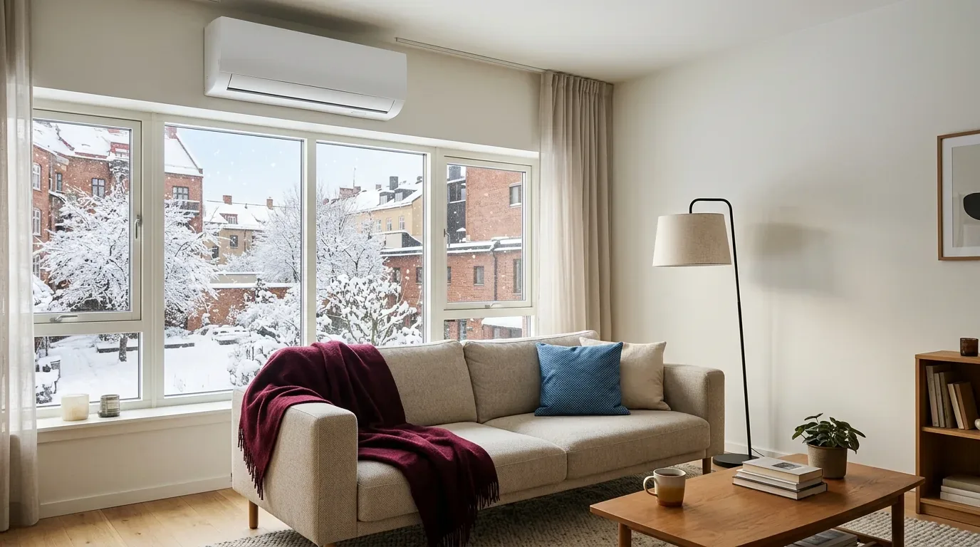 Apartament iarna: aparat de aer condiționat de perete deasupra ferestrei, zăpadă afară