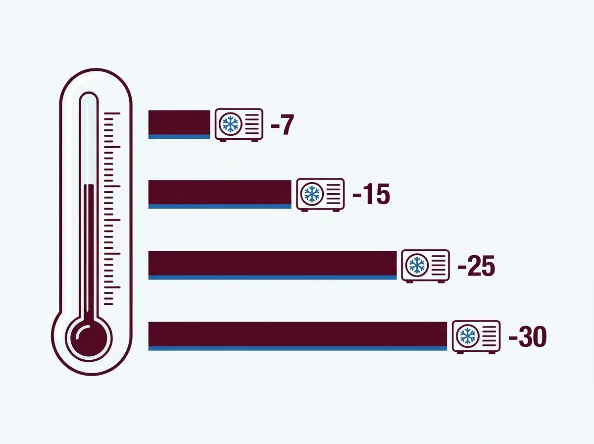 Încălzire conform fișei tehnice: modele obișnuite până la −7…−15 °C, serii pentru încălzire până la −25…−30 °C