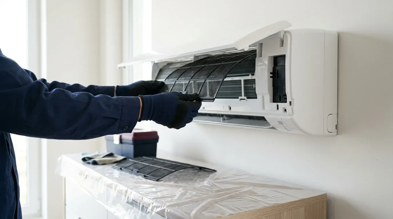 Maistrul scoate filtrul din unitatea interioară, mobila e acoperită cu folie