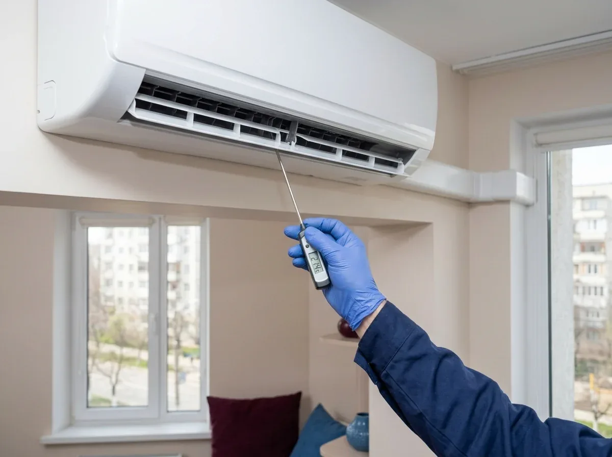 Check after cleaning: the technician measures the air temperature at the unit outlet