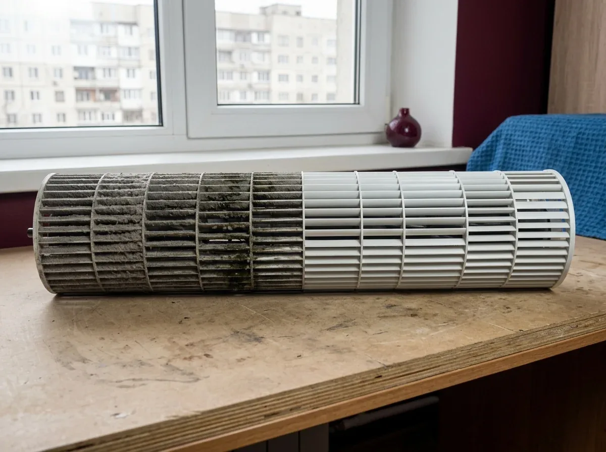 The indoor unit fan drum: dusty and grimy on the left, washed on the right