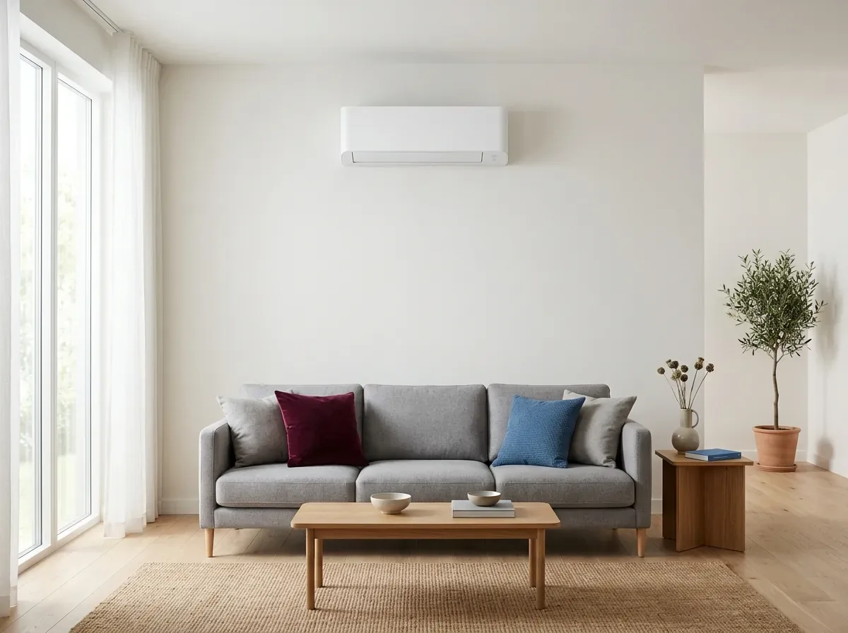 After renovation: the indoor unit on the wall, no pipes or cables in sight