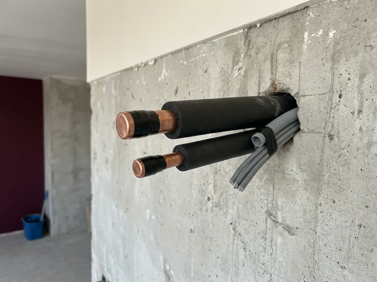 Copper pipe ends come out of the wall, capped until the units are installed